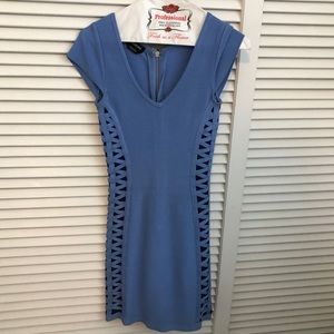 Bebe blue body-con dress with cross design on side